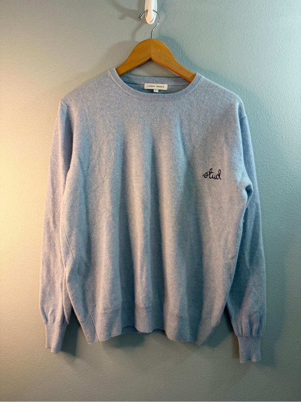 Lingua Franca 100% Cashmere Sweater Blue “Stud” Crewneck Men’s L
